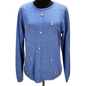 Women's Tulchan‎ Medium Blue Cotton Floral Embroidered Crewneck Sweater Vintage